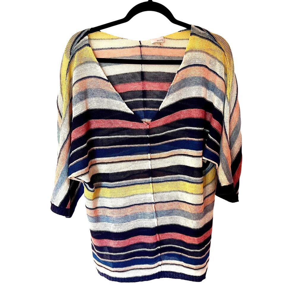 Ecru 100% Linen Open Weave Oversized Striped Sweater SZ XS